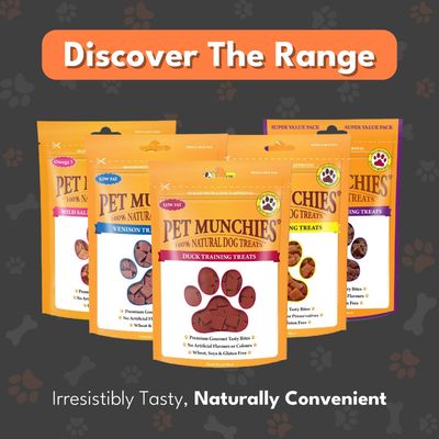 Pet Munchies 100% Natural Dog Treats in various flavours, including Duck Training Treats, Venison and Wild Salmon. Text: Irresistibly Tasty, Naturally Convenient.