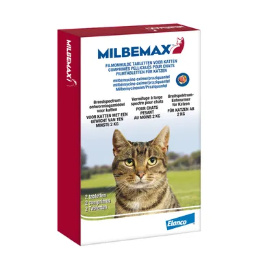 Milbemax filmomhulde tabletten voor katten, breedspectrum ontwormingsmiddel. Voor katten met een gewicht van ten minste 2 kg. Inhoud: 2 tabletten. Merk: Elanco.