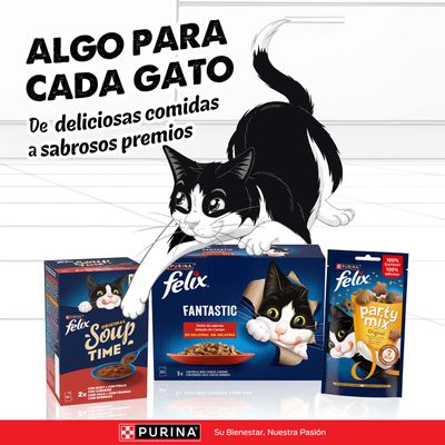 PURINA felix Soup Time, Fantastic y pack mixto Party Mix comida para gatos. Texto: Algo para cada gato. Desde deliciosas comidas hasta sabrosos premios.