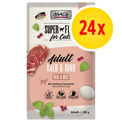 MAC's Super Food for Cats Adult Kalb & Rind, veal & beef, 24x100 g. Mit Cranberrys & Katzenminze, grainfree, herbs + vitamins, high meat content. Made in Germany. MAC's Super Food for Cats Adult Kalb & Rind, veal & beef, 24x100 g. Mit Cranberrys & Katzenminze, grainfree, herbs + vitamins, high meat content. Made in Germany.