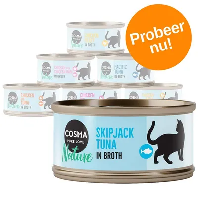 Cosma Nature kattenvoer in blik: Skipjack Tuna, Chicken Fillet, Pacific Tuna, Chicken with Chicken Ham, Chicken and Tuna. Oranje cirkel met tekst: Probeer nu!