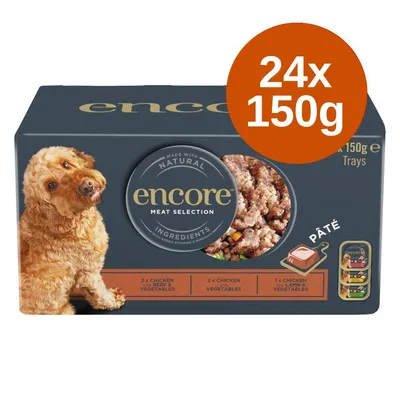 Encore Meat Selection, 24×150g, paštika. Viditelné texty: 2× Chicken & Beef with Vegetables, 2× Chicken with Vegetables, 1× Chicken Lamb & Vegetables. Balení s obrázkem psa.