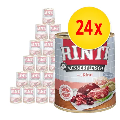 RINTI Kennerfleisch mit Rind -koiranruokaa, 24 tölkin pakkaus. Etiketissä naudanlihan kuva ja teksti 'Getreidefrei', 'Fleisch pur'. Suuri keltainen ympyrä, jossa punainen '24x'.