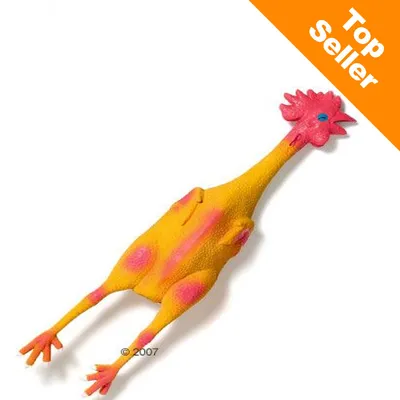 Giocattolo per animali a forma di pollo giallo con dettagli rosa. In alto a destra, etichetta arancione con testo: Top Seller.