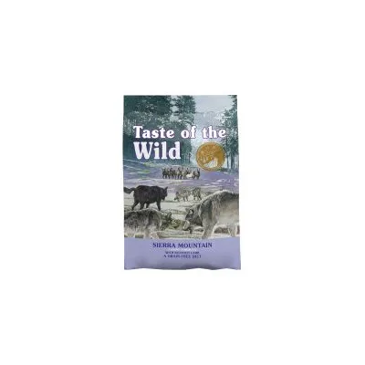 Confezione di crocchette Taste of the Wild Sierra Mountain, testo visibile: 'Taste of the Wild', 'Sierra Mountain', illustrazione con lupi e paesaggio boschivo.