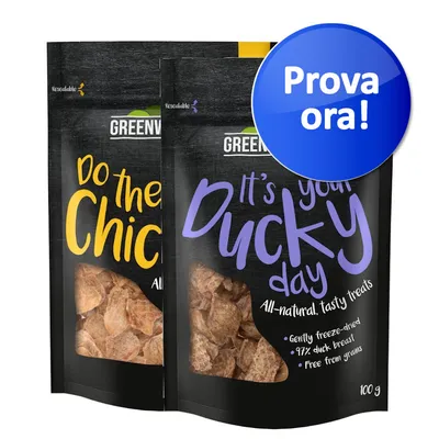 Due confezioni GREENWILD: 'Do the Chick' e 'It's your Ducky day', snack liofilizzati. Testo visibile: 'Prova ora!', 97% duck breast, free from grains, 100 g.
