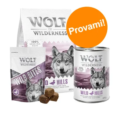 Wolf of Wilderness, confezioni di crocchette, snack e cibo umido per cani. Testo visibile: 100% grain-free recipe, Wild Bites, Wild Hills, Provami!