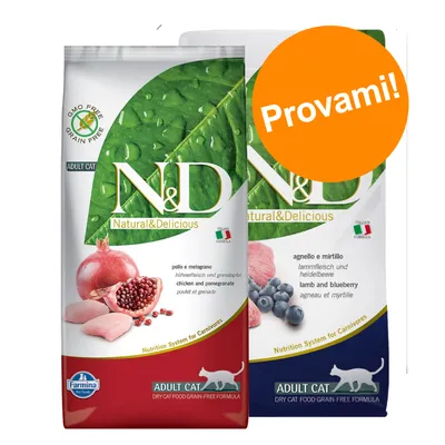 Due confezioni di crocchette per gatti adulti N&D Natural & Delicious: pollo e melograno, agnello e mirtillo. Etichetta arancione con testo: Provami! Marchio Farmina visibile.