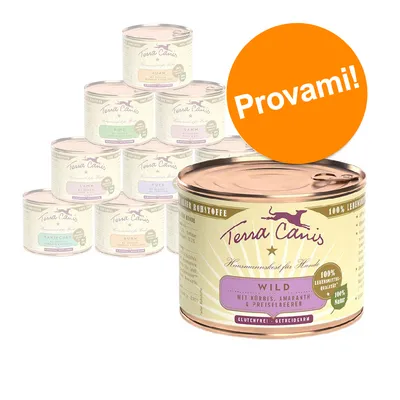Scatolette Terra Canis per cani, vari gusti visibili: Wild con zucca, amaranto e mirtilli rossi. Testo sull'immagine: Provami! 100% naturale, senza glutine, qualità alimentare.