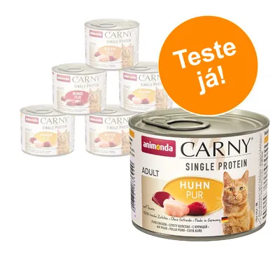 Várias latas de comida para gato animonda Carny Single Protein Adult, sabores visíveis: Huhn Pur, Pute Pur, Rind Pur. Texto em destaque: Teste já! Várias latas de comida para gato animonda Carny Single Protein Adult, sabores visíveis: Huhn Pur, Pute Pur, Rind Pur. Texto em destaque: Teste já!