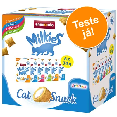 Embalagem Animonda Milkies Cat Snack Selection, 6 saquetas de 30 g. Variedades: 2x Harmony, 2x Fresh, 1x Wellness, 1x Balance. Texto visível: 'Teste já!'. Embalagem Animonda Milkies Cat Snack Selection, 6 saquetas de 30 g. Variedades: 2x Harmony, 2x Fresh, 1x Wellness, 1x Balance. Texto visível: 'Teste já!'.