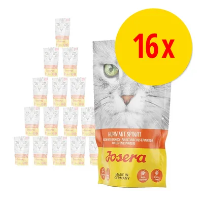 Josera kattefoder, Huhn mit Spinat, 16 poser. Synlig tekst: Anti-Hairball, Grain-free, Made in Germany. Billede af kat på emballagen.