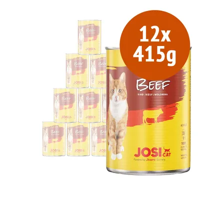 12 lattine da 415 g di JosiCat Beef, alimento per gatti adulti. Etichetta con gatto, scritta 'Beef', marchio JosiCat e indicazione del peso visibili. 12 lattine da 415 g di JosiCat Beef, alimento per gatti adulti. Etichetta con gatto, scritta 'Beef', marchio JosiCat e indicazione del peso visibili.