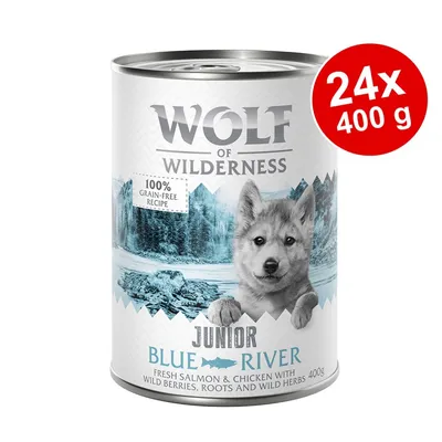 Wolf of Wilderness Junior Blue River, 100% gabonamentes recept, friss lazac és csirke erdei bogyókkal, gyökerekkel és vadon termő gyógynövényekkel. Csomag: 24x400g.