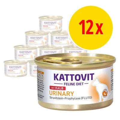 Kattovit Feline Diet Urinary mit Kalb, 12 burkar. Text på burk: Struvitstein-Prophylaxe (FLUTD).