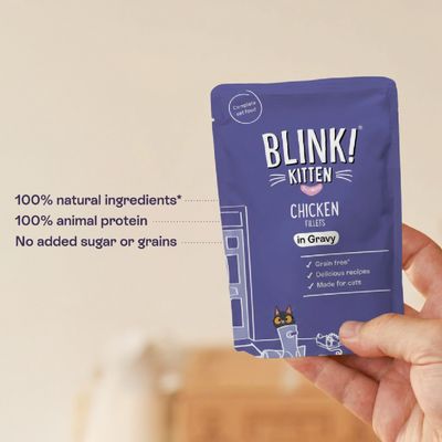 BLINK! Kitten Chicken Fillets in Gravy. 100% natural ingredients, 100% animal protein, no added sugar or grains. For cats.