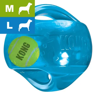 Blå leksak med handtag, genomskinlig med en grön tennisboll märkt KONG inuti. Storleksangivelse: M och L med siluetter av hundar.