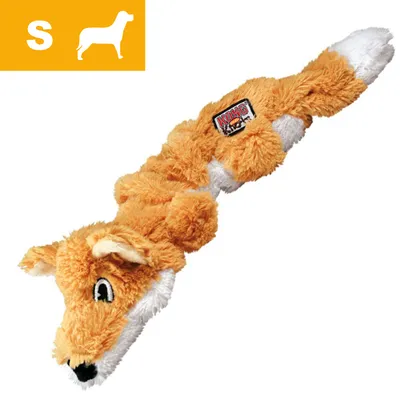 Plush fox-shaped toy with a label, shown in small size indicated by an 'S' and a dog silhouette in the top left corner.