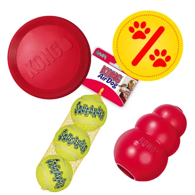 KONG AirDog Tennisbälle im Netz, roter KONG Frisbee, rotes KONG Spielzeug und gelbes Rabattzeichen mit Pfotenabdruck.
