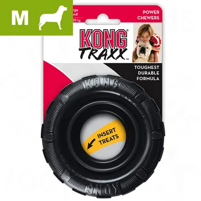 KONG Traxx medium size chew toy for power chewers, with label showing 'Insert treats' and 'Toughest durable formula'. KONG Traxx medium size chew toy for power chewers, with label showing 'Insert treats' and 'Toughest durable formula'.