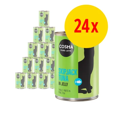 24 dåser Cosma Pure Love Skipjack Tuna in Jelly, grøn emballage med sort kattefigur og teksten 'Single Protein Pure Fish' synlig på forsiden. 24 dåser Cosma Pure Love Skipjack Tuna in Jelly, grøn emballage med sort kattefigur og teksten 'Single Protein Pure Fish' synlig på forsiden.