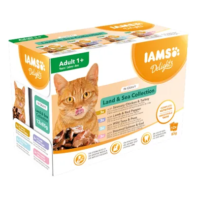 IAMS Delights Adult 1+ Land & Sea Collection kattemad, 12x85g. Varianter: kylling & kalkun, lam & rød peber, tun & ærter, laks & torsk. Komplet ernæring, uimodståelig smag. IAMS Delights Adult 1+ Land & Sea Collection kattemad, 12x85g. Varianter: kylling & kalkun, lam & rød peber, tun & ærter, laks & torsk. Komplet ernæring, uimodståelig smag.