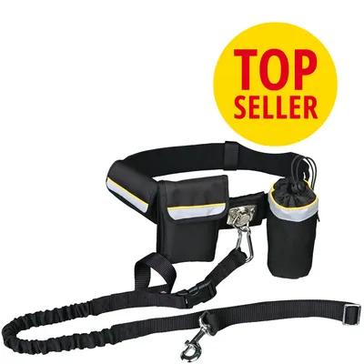 Ceinture noire avec poches, mousqueton et laisse attachée, pochette latérale, texte visible : TOP SELLER sur cercle jaune.