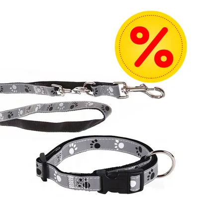 Set aus grauer Leine und Halsband mit Pfotenmuster, Metallverschluss und gelbem Prozentzeichen für Rabattaktion sichtbar.