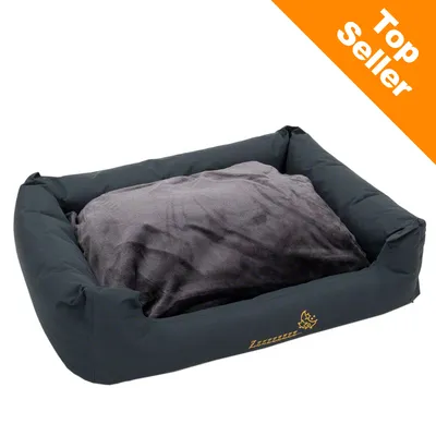 Cuscino rettangolare nero con bordo alto e cuscino interno grigio, scritta Top Seller in alto a destra su sfondo arancione.