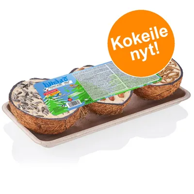 Lillebro täytetyt kookospähkinänpuolikkaat, näkyvissä siemeniä ja pähkinöitä. Pakkauksessa vihreä etiketti. Oranssi ympyrä: Kokeile nyt! Lillebro täytetyt kookospähkinänpuolikkaat, näkyvissä siemeniä ja pähkinöitä. Pakkauksessa vihreä etiketti. Oranssi ympyrä: Kokeile nyt!