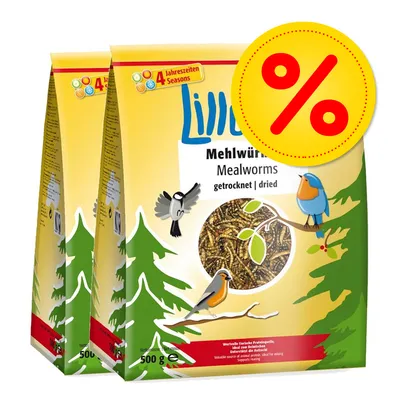 Lillebro Mehlwürmer Mealworms dried, 2 x 500 g pakkaukset. Suuri keltainen prosenttimerkki oikeassa yläkulmassa. Pakkauksessa lintuja ja puita, ikkuna näyttää kuivattuja jauhomatoja.