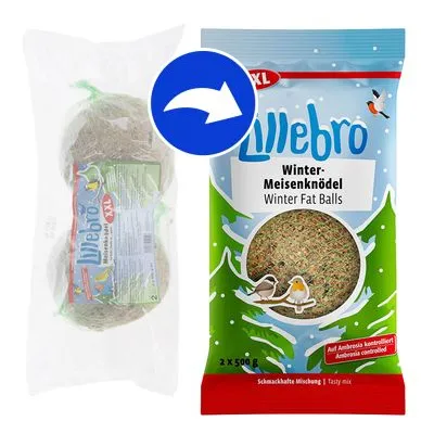 Lillebro Winter-Meisenknödel Winter Fat Balls, förpackning med 2 x 500 g. Synlig text: 'XL', 'Auf Ambrosia kontrolliert', illustration av två fåglar.