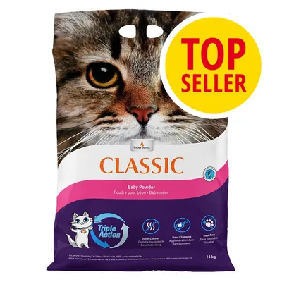 Litière pour chat Intersand Classic Baby Powder, Triple Action, contrôle des odeurs, agglomération dure, sans poussière, sac de 14 kg. Badge jaune TOP SELLER visible.