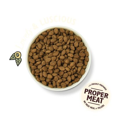 Bowl of dry pet food. Visible text: 'with freshly prepared PROPER MEAT, no meat meal or fillers'. Faint text: 'Lovely & Luscious'. Small olive illustration on left.