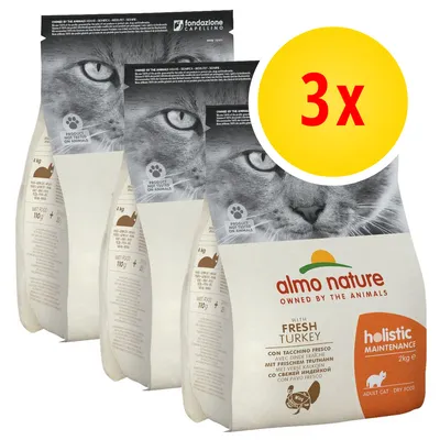Lot de 3 sacs Almo Nature Holistic Maintenance pour chat adulte, dinde fraîche, 2 kg chacun. Texte visible : 'owned by the animals', 'not tested on animals', 'fondazione Capellino'. Lot de 3 sacs Almo Nature Holistic Maintenance pour chat adulte, dinde fraîche, 2 kg chacun. Texte visible : 'owned by the animals', 'not tested on animals', 'fondazione Capellino'.
