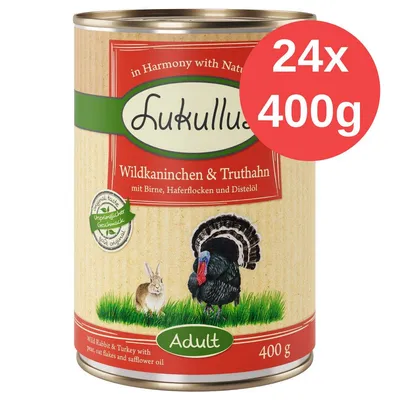 Lukullus Wildkaninchen & Truthahn, Adult, 24 x 400 g. Widoczny królik i indyk na etykiecie. Tekst po niemiecku: mit Birne, Haferflocken und Distelöl.