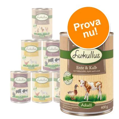 Flera burkar Lukullus våtfoder för hund, synliga sorter: Ente & Kalb, Rind & Truthahn, Geflügel & Lamm. Stor orange cirkel med texten 'Prova nu!'.