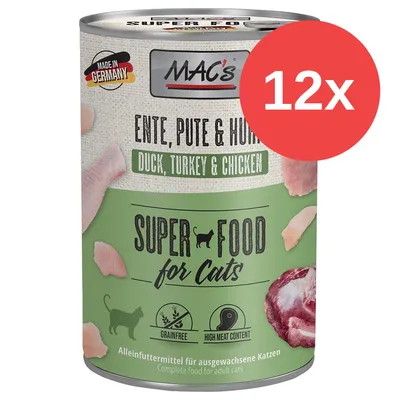 MAC's Super Food for Cats, Duck, Turkey & Chicken, 12x. Made in Germany. Zawiera: grainfree, high meat content. Pełnoporcjowa karma dla dorosłych kotów. Widoczne kawałki mięsa. MAC's Super Food for Cats, Duck, Turkey & Chicken, 12x. Made in Germany. Zawiera: grainfree, high meat content. Pełnoporcjowa karma dla dorosłych kotów. Widoczne kawałki mięsa.
