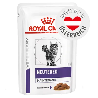 Royal Canin Veterinary Neutered Maintenance, thin slices in gravy. Hergestellt in Österreich.