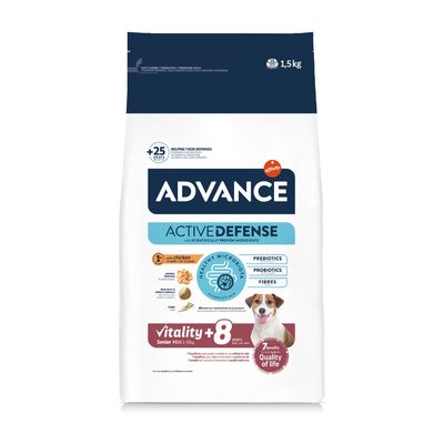 Advance Active Defense Senior Mini +8 años, 1,5 kg. Con pollo, prebióticos, probióticos y fibras. Vitality +8 years. Imagen de perro pequeño en el envase.