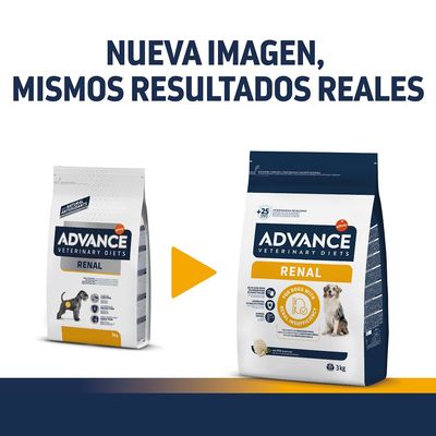 Advance Veterinary Diets Renal, cambio de diseño en el envase. Texto: 'Nueva imagen, mismos resultados reales'. Dos sacos de 3 kg para perros con insuficiencia renal visibles.