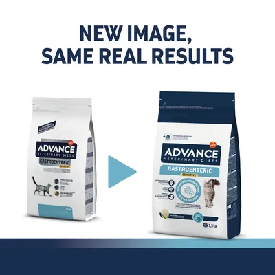 Advance Veterinary Diets Gastroenteric Sensitive cat food, old and new packaging shown side by side. Text: New image, same real results. Both bags 1.5 kg.