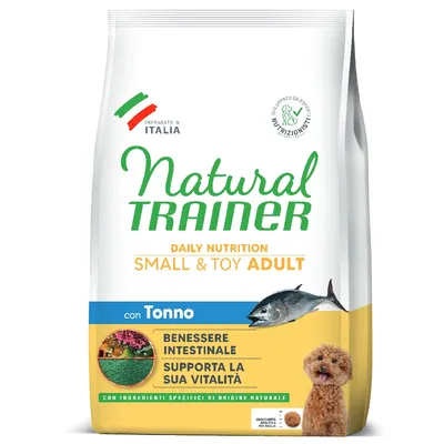 Natural Trainer Daily Nutrition Small & Toy Adult con Tonno, préparé en Italie, bien-être intestinal, supporte la vitalité, ingrédients d’origine naturelle, image de chien et thon visibles.