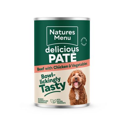Natures Menu delicious paté, beef with chicken and vegetables. Bowl-lickingly tasty. No added colourants or preservatives. With natural ingredients.