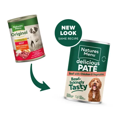 Image showing Natures Menu beef with chicken and vegetables tin changing to new packaging labelled delicious pâté. Text: New look, same recipe.