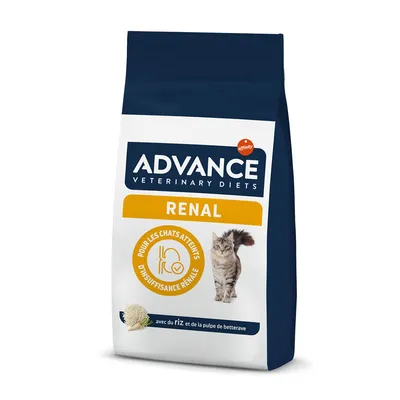 Sac Advance Veterinary Diets Renal, pour les chats atteints d’insuffisance rénale, avec du riz et de la pulpe de betterave. Marque affinity visible sur l’emballage. Sac Advance Veterinary Diets Renal, pour les chats atteints d’insuffisance rénale, avec du riz et de la pulpe de betterave. Marque affinity visible sur l’emballage.