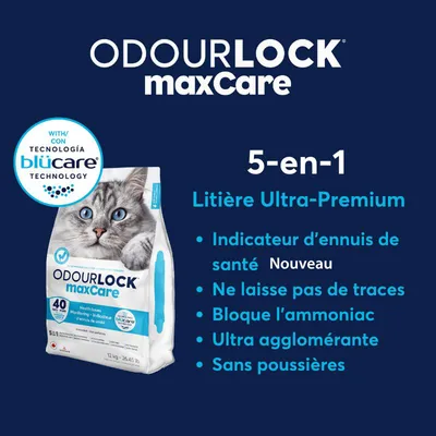 ODOURLOCK maxCare litière Ultra-Premium 5-en-1, indicateur d’ennuis de santé, ne laisse pas de traces, bloque l’ammoniac, ultra agglomérante, sans poussières, technologie blücare.