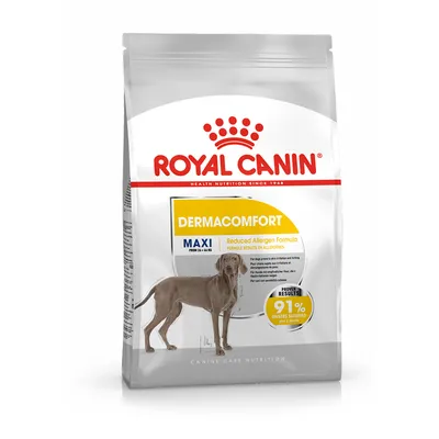 Royal Canin Dermacomfort Maxi hondenvoer, Reduced Allergen Formula, afbeelding van grote hond, 91% owners satisfied, tekst deels in Engels zichtbaar op verpakking.