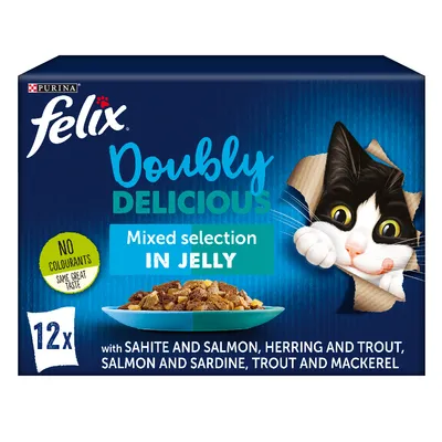 Felix Doubly Delicious Mixed selection in jelly, 12x packs. No colourants. With sahite and salmon, herring and trout, salmon and sardine, trout and mackerel. Purina brand.