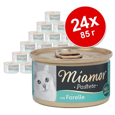 Консервы для кошек Miamor Pastete mit Forelle, упаковка 24×85 г. На банке изображён кот и надпись: NEU-zarter.